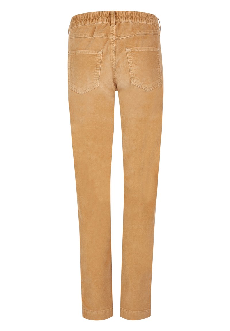 Ljusbruna kordurbyxor med elastisk midja, två bakfickor, slim fit och en mjuk textur.