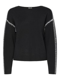 Black sweater with long sleeves, round neckline, and contrasting white stitching along the shoulders and arms. Soft knit texture.