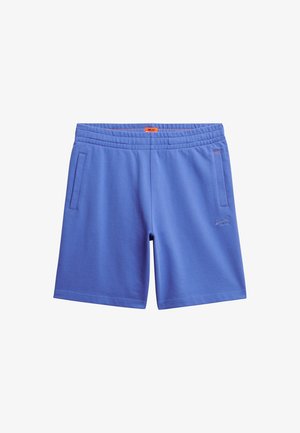 Shorts bleus courts en tissu doux, dotés d'une taille élastique, de deux poches latérales et d'un petit logo sur la jambe gauche.