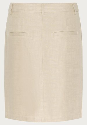 Beige skreddersydd skjørt laget av teksturert stoff. Har en rett silhuett, to baklommer og en subtil glansfinish.