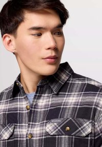 Camicia in flanella a quadri neri e grigi con colletto button-up, due tasche sul petto e dettagli cuciti. Il tessuto sembra morbido e strutturato.