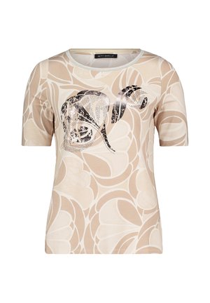 Beige t-shirt met korte mouwen, voorzien van een zwart en zilver abstract patroon aan de voorkant, gemaakt van een zachte stof en met een ronde hals.