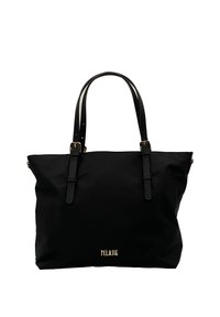 Borsa tote nera in nylon con due manici, caratterizzata da un logo dorato sulla parte anteriore e un design semplice e lineare.