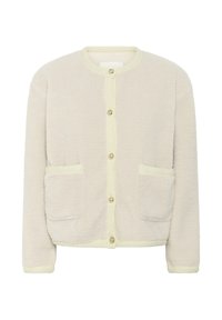 Flauschige Creme-Cardigan mit hellgelben Besätzen, ausgestattet mit zwei Fronttaschen und einem runden Knopfverschluss. Weiche Textur, lässiges Design.