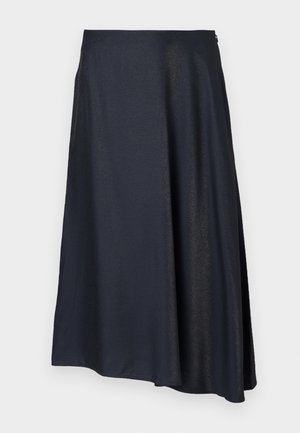 Mørkeblå midi-nederdel lavet af glat, let strækbart stof. Har en flared form og en usynlig lynlåslukning i siden.