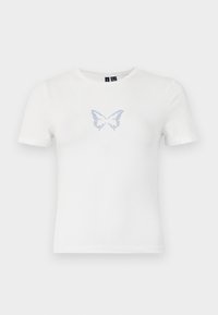 Bílý bavlněný tričko s krátkým rukávem, na přední části má světle modrý design motýla složený z malých akcentů.