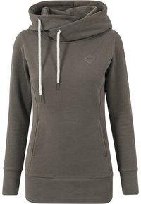 Hooded sweatshirt in olive green, featuring a cozy cowl neck, drawstrings, ribbed cuffs, and side pockets. Soft textured fabric.