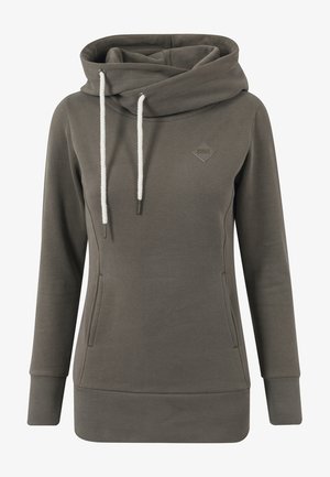 Hooded sweatshirt in olive green, featuring a cozy cowl neck, drawstrings, ribbed cuffs, and side pockets. Soft textured fabric.