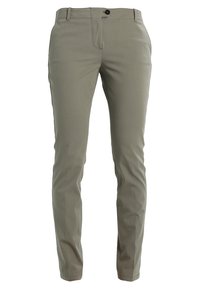 Schlanke Hose in hellolivgrün, hergestellt aus glattem, leichtem Stoff. Verfügt über eine vordere Knopfverschluss und Gürtelschlaufen.