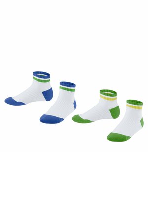 Drei Paar Baumwollsocken: weiß mit blauen, grünen und gelben Akzenten, ausgestattet mit ribbelten Bündchen und verstärkten Zehenbereichen.