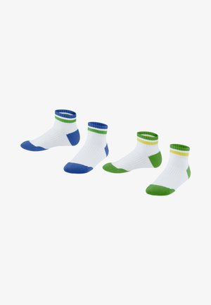 Drie paar katoenen sokken: wit met blauwe, groene en gele accenten, voorzien van ribgebreide boorden en versterkte teengedeelten.