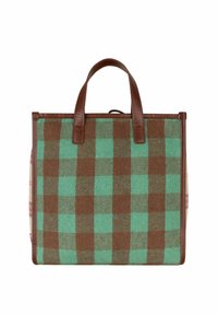 Sac en textile à carreaux verts et marron avec des finitions et des poignées en cuir marron, présentant un design rectangulaire structuré et une texture lisse.