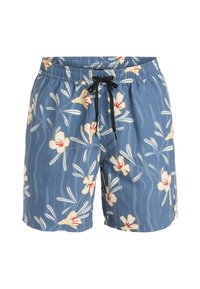 Modré plavky s bielym kvetinovým vzorom a červenými akcentmi. Elastický pás s čiernou šnúrkou. Materiál sa zdá byť ľahký a hladký.