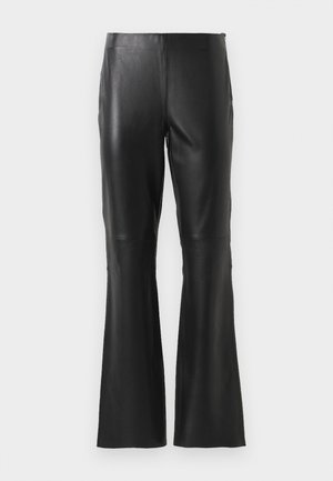 Black high-waist faux leather pants with flared legs and front seam detailing, displayed against a plain white background.