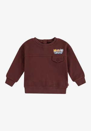 Braunes Langarm-Sweatshirt für Kleinkinder mit kleiner, geknöpfter Brusttasche und drei Comic-Tiergesichtern über dem Levi's-Logo auf der linken Brust.