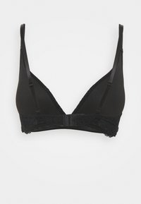 Svart bralette med en slät textur och spetsdetaljer i nederkant, justerbara remmar och en sömlös triangelform.
