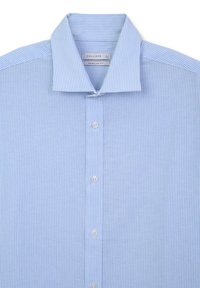 Camicia a righe blu chiaro con colletto a punta, chiusura con bottoni e vestibilità regolare. Il tessuto ha una consistenza liscia e un leggero lucido.