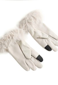 Beige handskar med fuskpälsärmar, med en mjuk textur och svarta fingertoppar för pekskärmsanvändning. Elegant design med en slät yta.