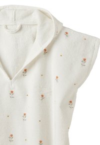 White terrycloth pullover with a V-neck and short sleeves, featuring embroidered orange flowers and small yellow dots throughout.