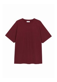 Burgundska majica iz bombaža, z sproščenim krojem, kratkimi rokavi in subtilnim izvezenim logotipom blagovne znamke na sprednji strani.