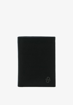 Portefeuille en cuir noir à texture lisse, forme rectangulaire, avec un logo embossé dans le coin inférieur droit.