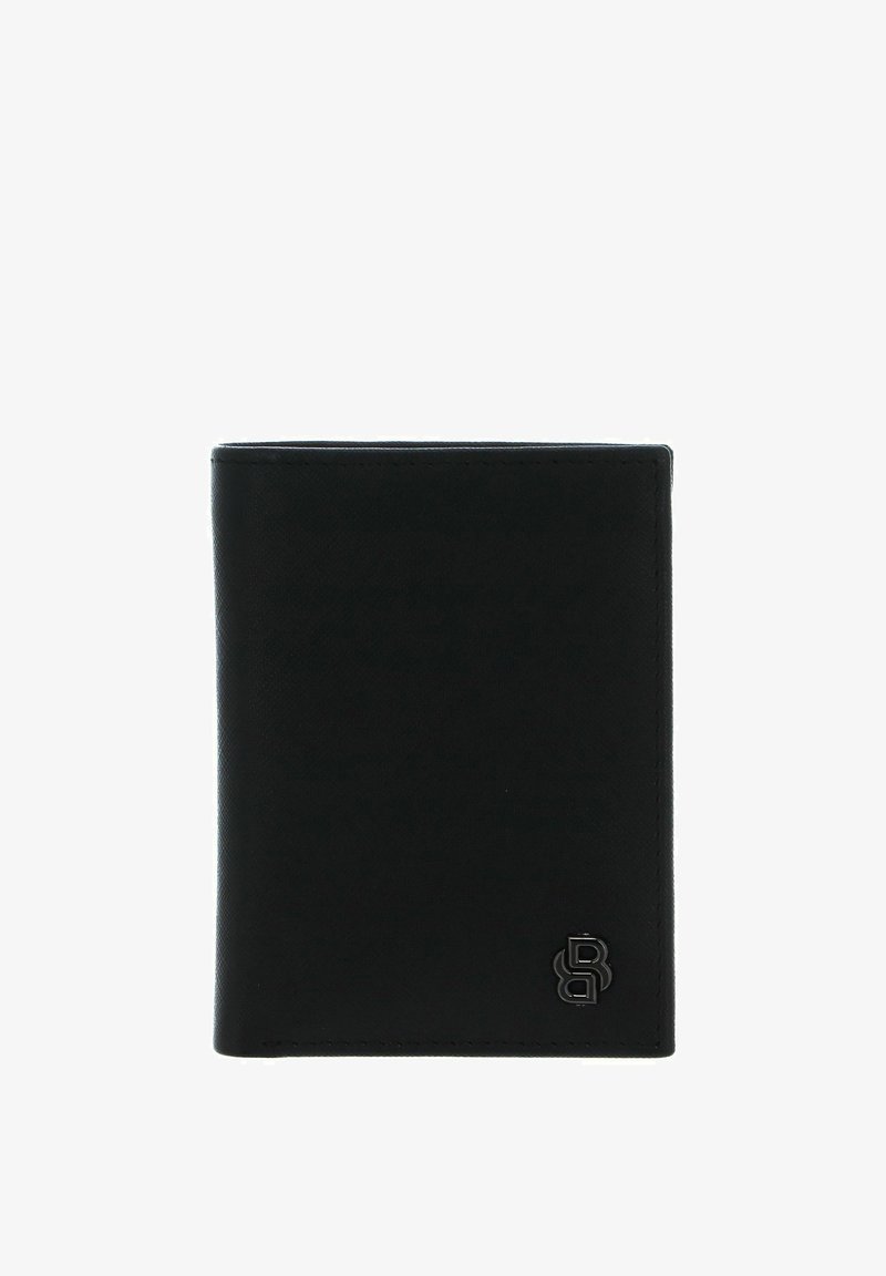 Portefeuille en cuir noir à texture lisse, forme rectangulaire, avec un logo embossé dans le coin inférieur droit.