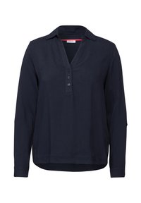 Chemise à manches longues bleu marine avec col, patte de boutonnage à cinq boutons et tissu texturé. Présente un ourlet arrondi et un motif ton sur ton subtil.