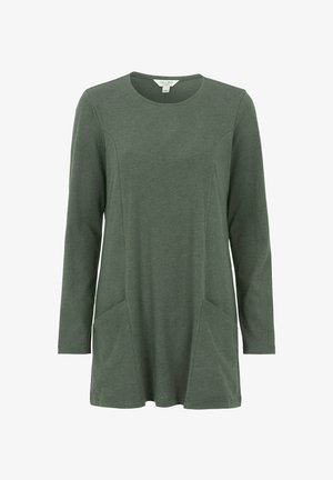 Lange mouwen, groene tuniek met een ronde hals, zijzakken en een ontspannen pasvorm, gemaakt van een zachte, gladde stof.