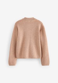 Pletena jopica v svetlo bež barvi z rebrasto teksturo, okroglim izrezom in dolgimi rokavi. Preprosta zasnova brez okrasnih elementov.