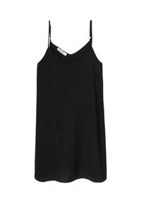 Haut noir sans manches avec un décolleté en V, réalisé en tissu léger, doté de fines bretelles ajustables et d'une silhouette fluide.