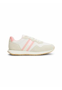 Zapatillas con un upper blanco y beige, adornadas con franjas de acento rosas. Diseñadas con una suela acolchada y una suela exterior de goma texturizada.