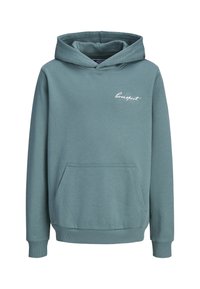 Sweat à capuche en teal, fabriqué en tissu doux en mélange de coton. Comprend une poche frontale, des poignets côtelés et un logo "lovesport" brodé sur la poitrine.