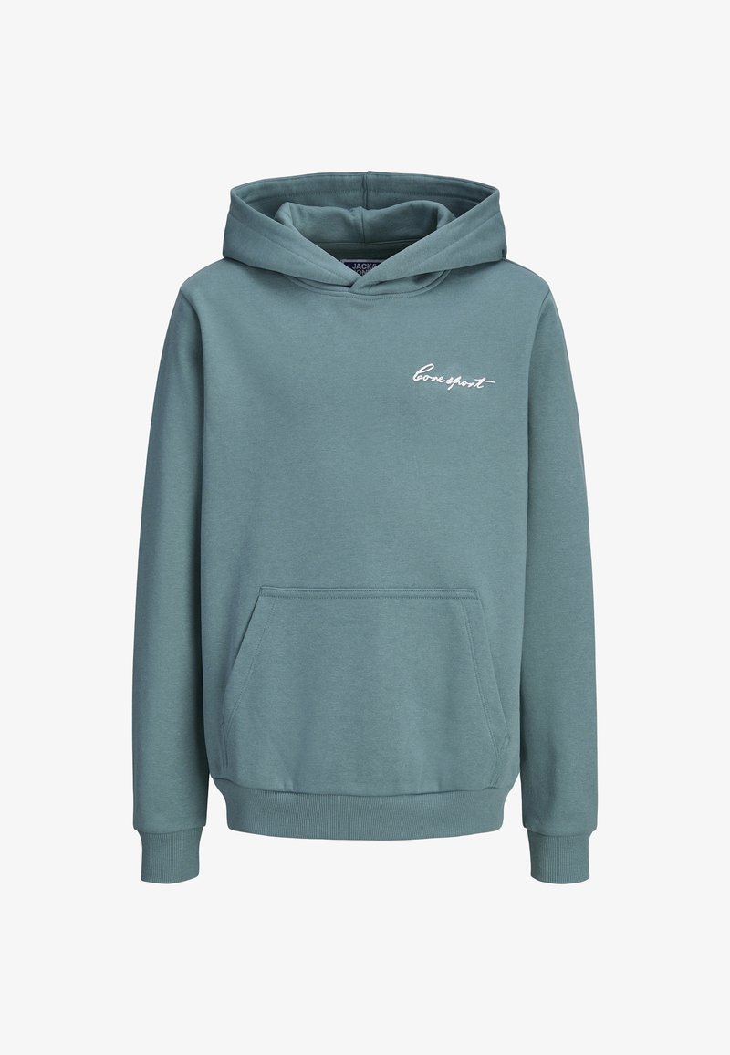 Sweat à capuche en teal, fabriqué en tissu doux en mélange de coton. Comprend une poche frontale, des poignets côtelés et un logo "lovesport" brodé sur la poitrine.