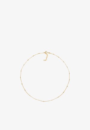 Goldene Kettenhalskette mit gleichmäßig verteilten kleinen Perlen und einem Karabinerhaken, die ein zartes und dünnes Design mit verstellbarer Länge aufweist.