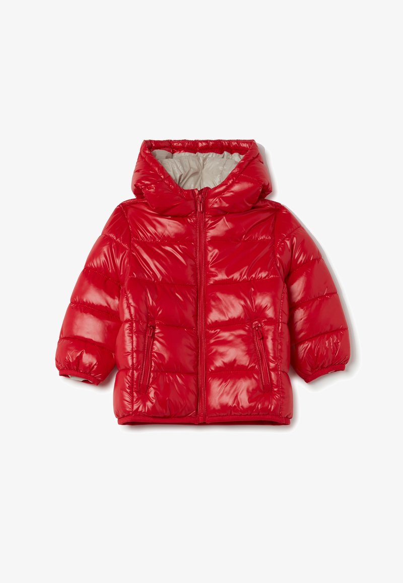 Red puffer jacket with a shiny exterior, hood, front zipper, and two side pockets. Features quilted panels and elasticated cuffs.