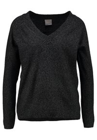 Schwarzer Strickpullover mit V-Ausschnitt, langen Ärmeln und einer weichen Textur. Dezenter Glanz im Stoff. Legere Passform mit geripptem Saum.