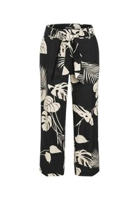 Black and white floral print pants with a high waist and a tied belt detail. Made from a lightweight fabric with a relaxed, wide-leg fit.
