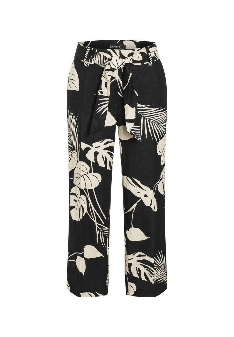 Black and white floral print pants with a high waist and a tied belt detail. Made from a lightweight fabric with a relaxed, wide-leg fit.