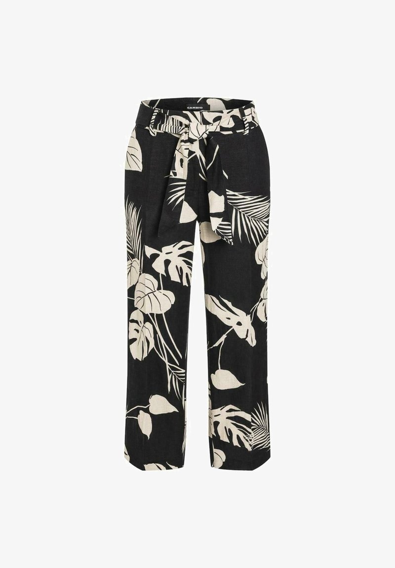Black and white floral print pants with a high waist and a tied belt detail. Made from a lightweight fabric with a relaxed, wide-leg fit.
