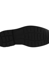 Suola di scarpa in gomma nera con un motivo di battistrada testurizzato caratterizzato da scanalature e spine prominenti per trazione e stabilità.