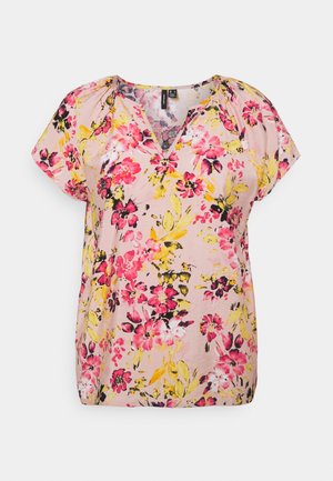 Floral print blouse in light pink with short sleeves, V-neck, and gathered detailing. Features various multicolored flowers and green leaves.