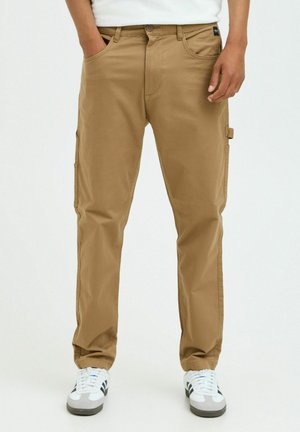 Tan cargo pants with a straight leg, front and side pockets, and a button closure. Made from durable fabric with a smooth texture.