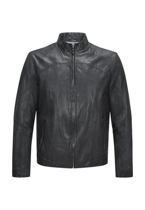 Schwarze Lederjacke mit Stehkragen, vorderem Reißverschluss und zwei seitlichen Taschen. Sie zeichnet sich durch eine glatte Textur und gestickte Details aus.