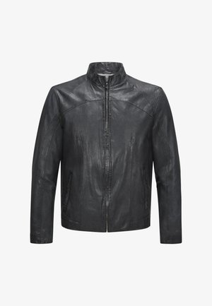 Schwarze Lederjacke mit Stehkragen, vorderem Reißverschluss und zwei seitlichen Taschen. Sie zeichnet sich durch eine glatte Textur und gestickte Details aus.