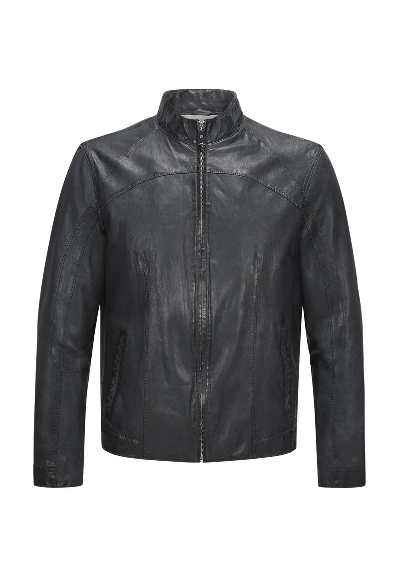 Schwarze Lederjacke mit Stehkragen, vorderem Reißverschluss und zwei seitlichen Taschen. Sie zeichnet sich durch eine glatte Textur und gestickte Details aus.