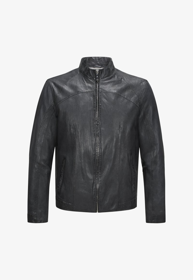 Schwarze Lederjacke mit Stehkragen, vorderem Reißverschluss und zwei seitlichen Taschen. Sie zeichnet sich durch eine glatte Textur und gestickte Details aus.