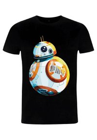 Svart T-shirt med en färgglad grafik av en rund droid med blåa och orange detaljer, detaljerade ansiktsdrag och en abstrakt design.