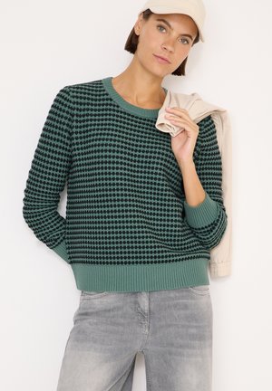 Grøn- og sort mønstret strikket sweater med ribbet halsudskæring og manchetter. Modellen holder en beige jakke. Bæres med lysegrå jeans.