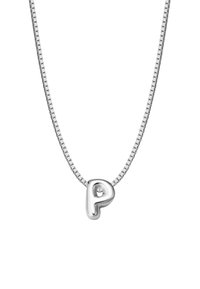 Sudraba ķēdes kaklarota ar teksturētu, nevienmērīgi veidotu burta "P" piekari, kas izrotāts ar nelielu akcentu.