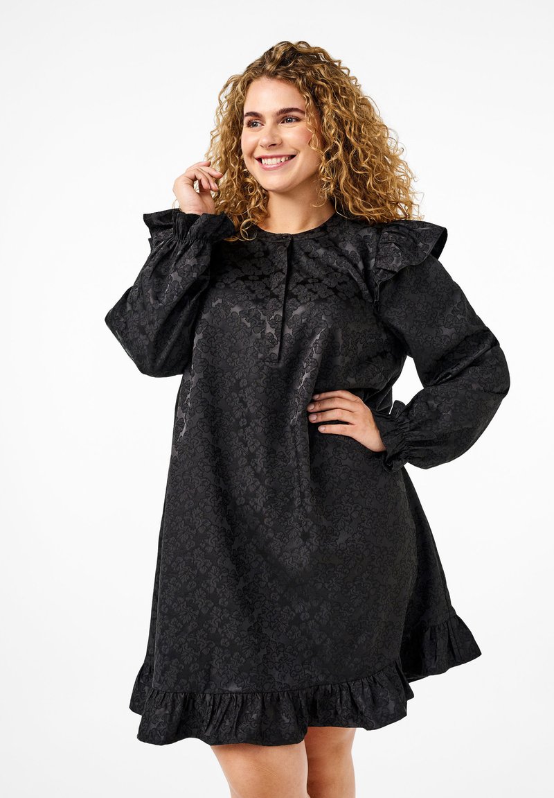 Zizzi MIT LANGEN ÄRMELN UND RÜSCHEN - Blusenkleid - black